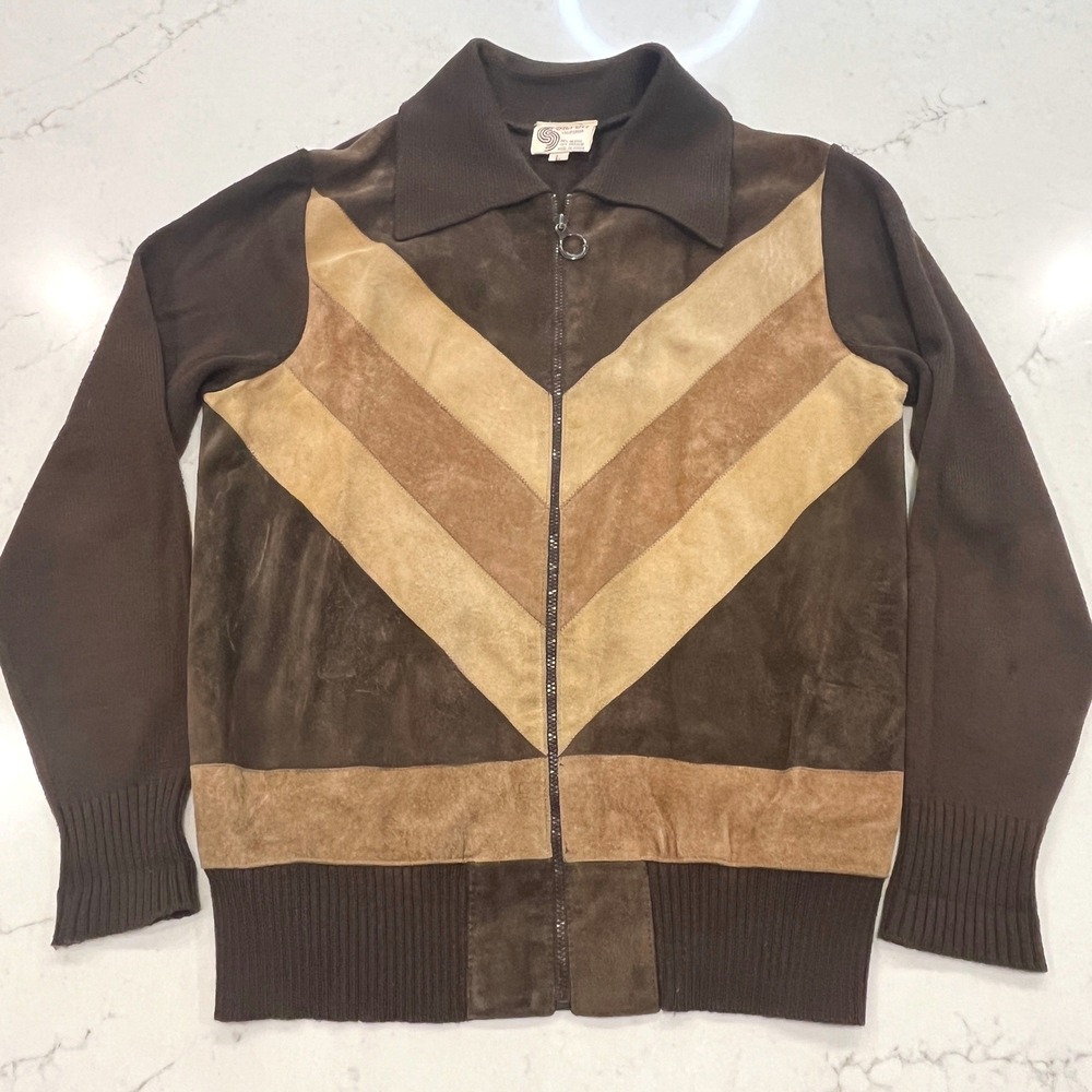Silton Vtg 70s Knit Suede Jacket Mens L Brown Wool Acrylic Chevron Patchwork Zip